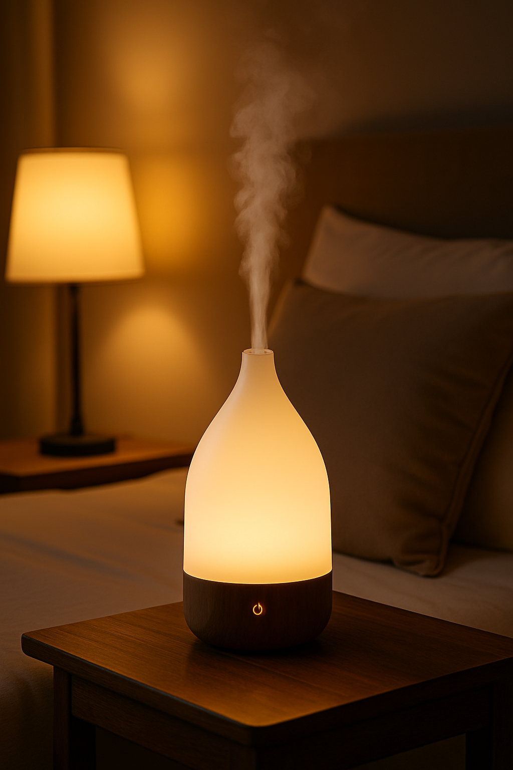 Evening diffuser glowing softly by bedside