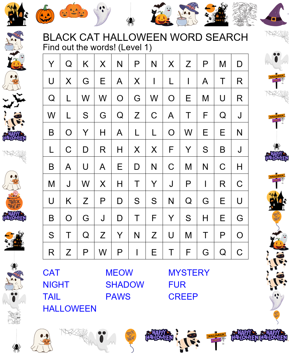 Black Cat Halloween Word Search