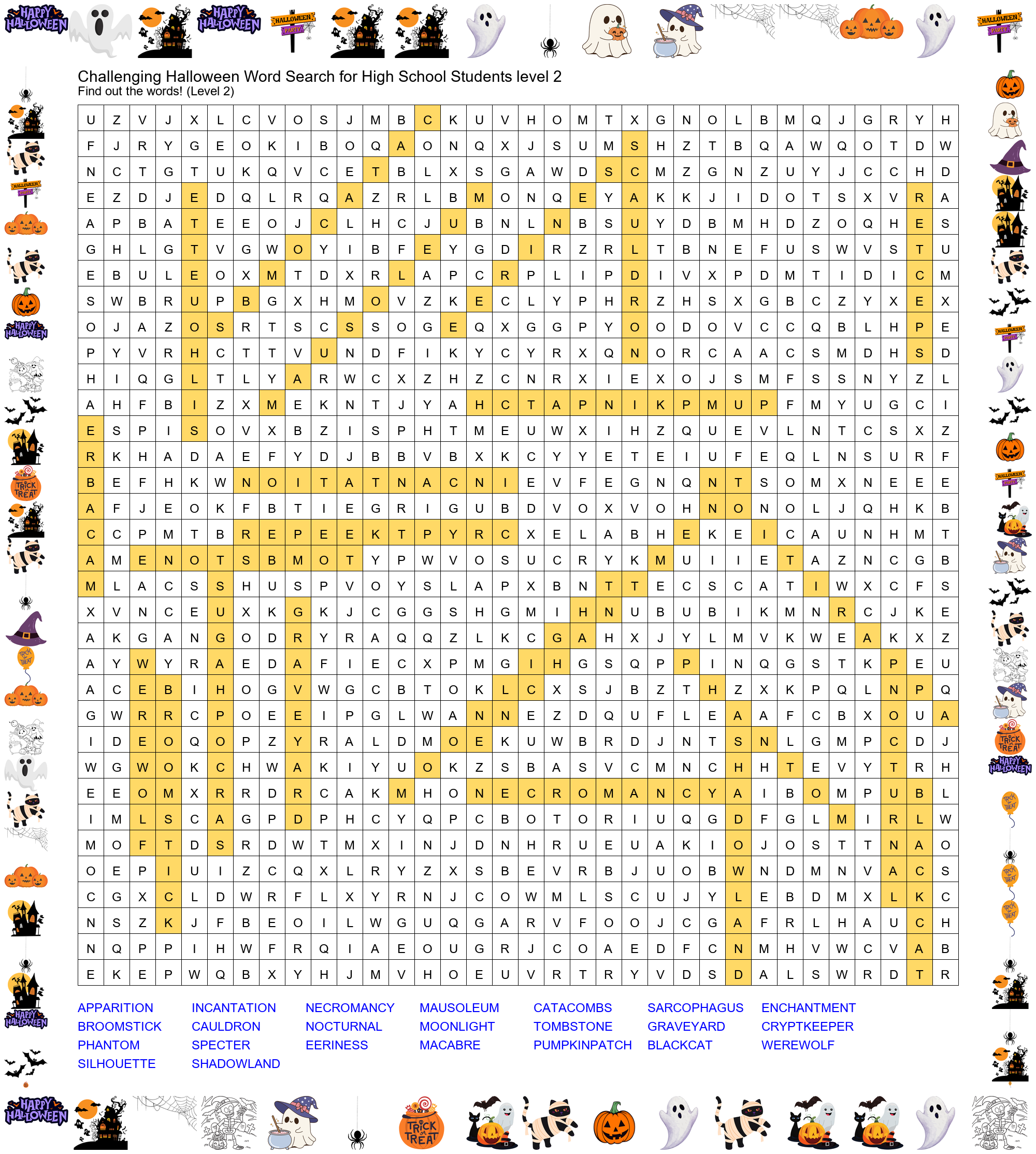 Answer Key - Challenging Halloween Word Search for High School Students Level 2