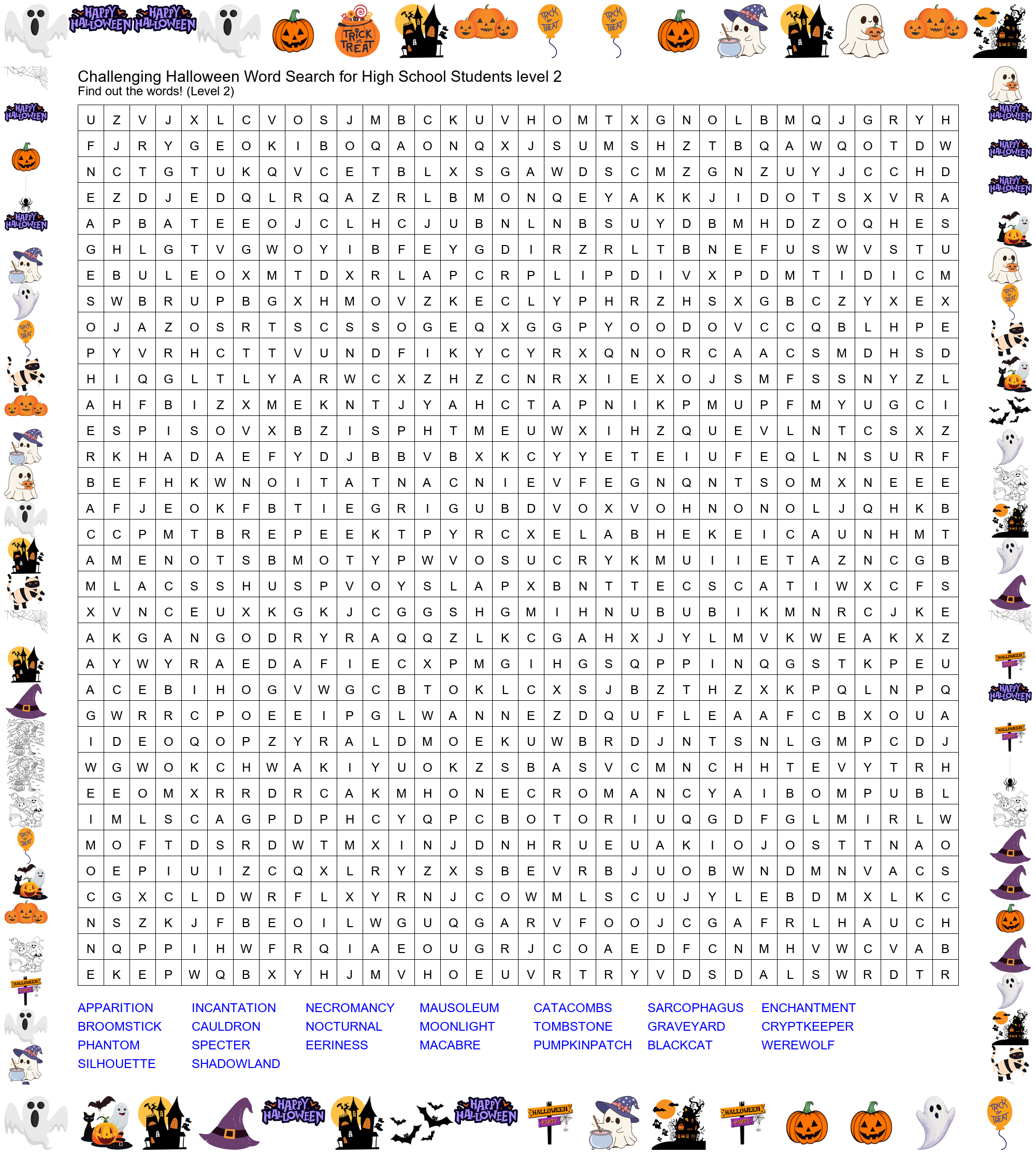 Challenging Halloween Word Search for High School Students - Level 2 Preview
