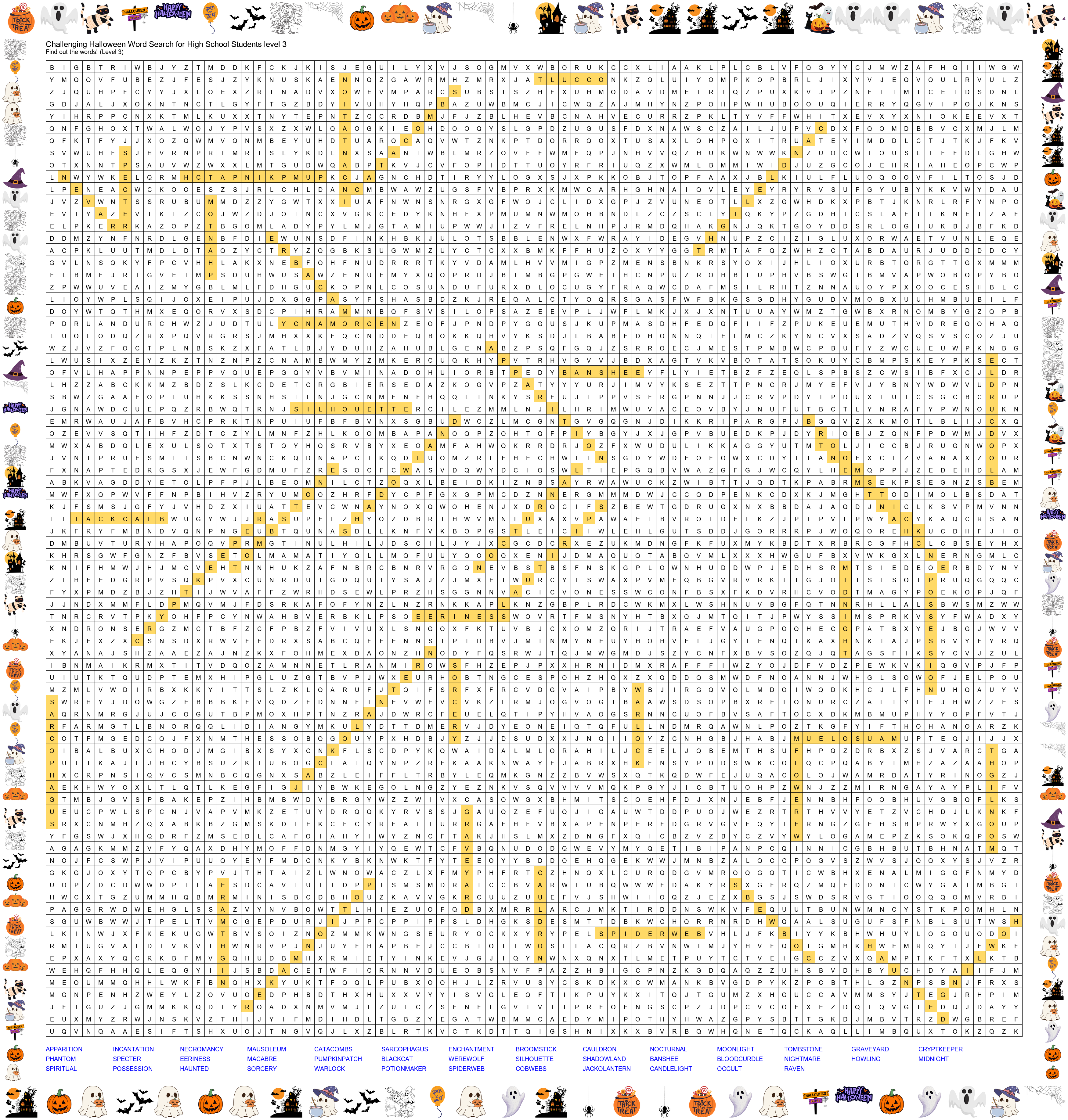Answer Key - Challenging Halloween Word Search for High School Students Level 3