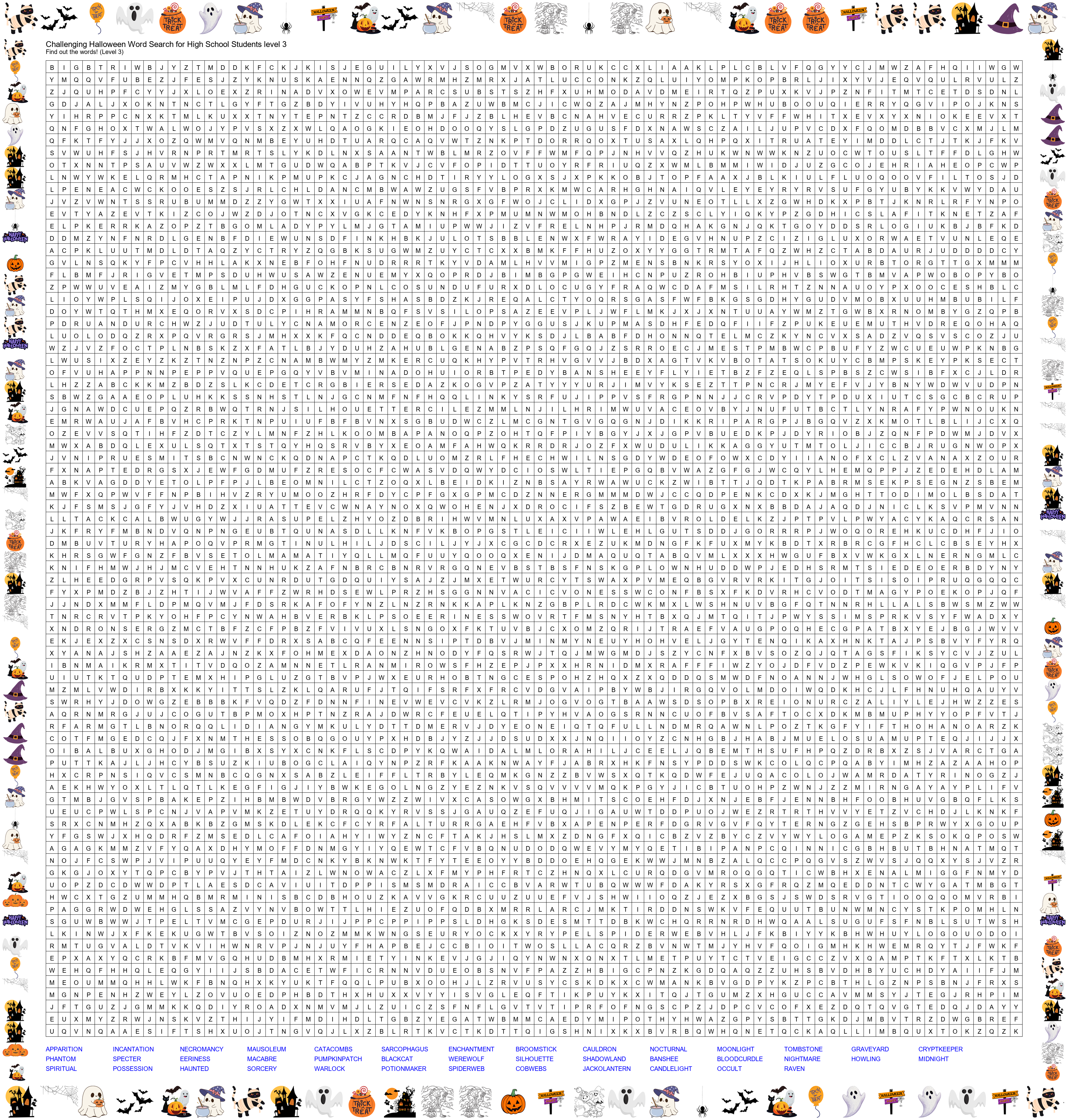 Challenging Halloween Word Search for High School Students - Level 3 Preview