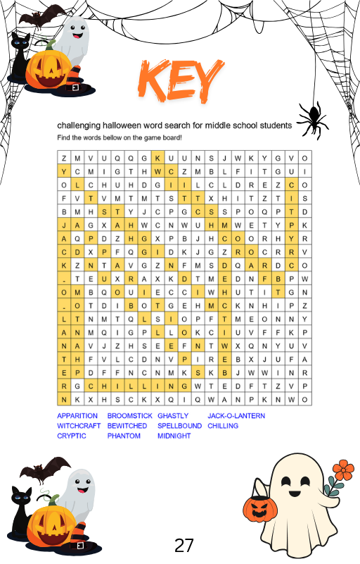 Challenging Halloween Word Search Answer Key