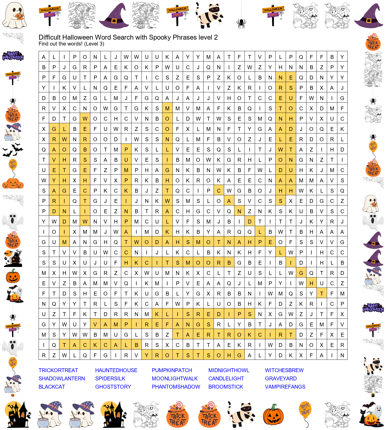 Answer Key - Difficult Halloween Word Search with Spooky Phrases Level 2