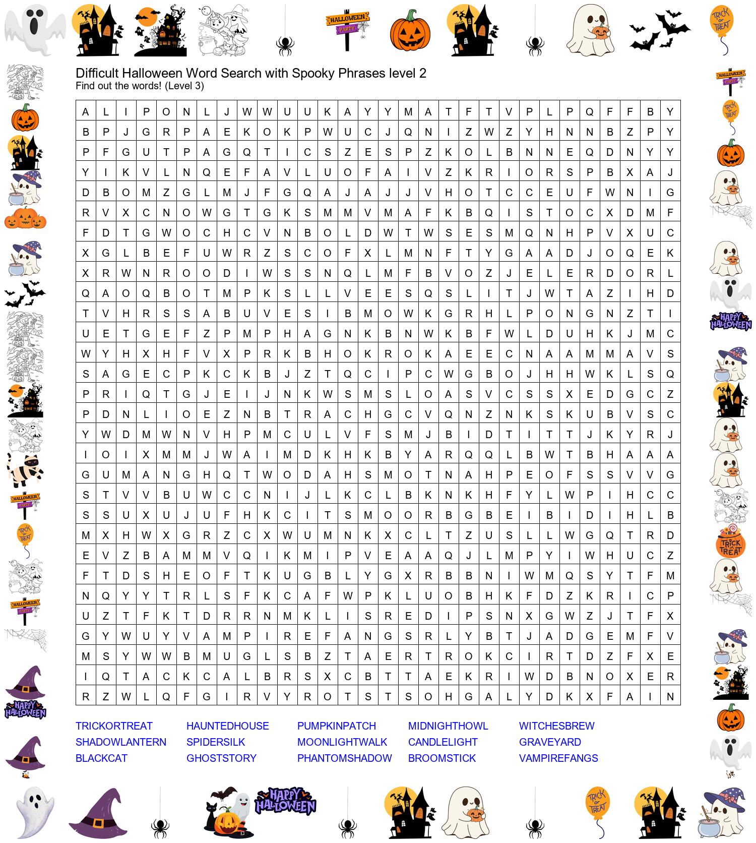 Difficult Halloween Word Search with Spooky Phrases - Level 2 Preview