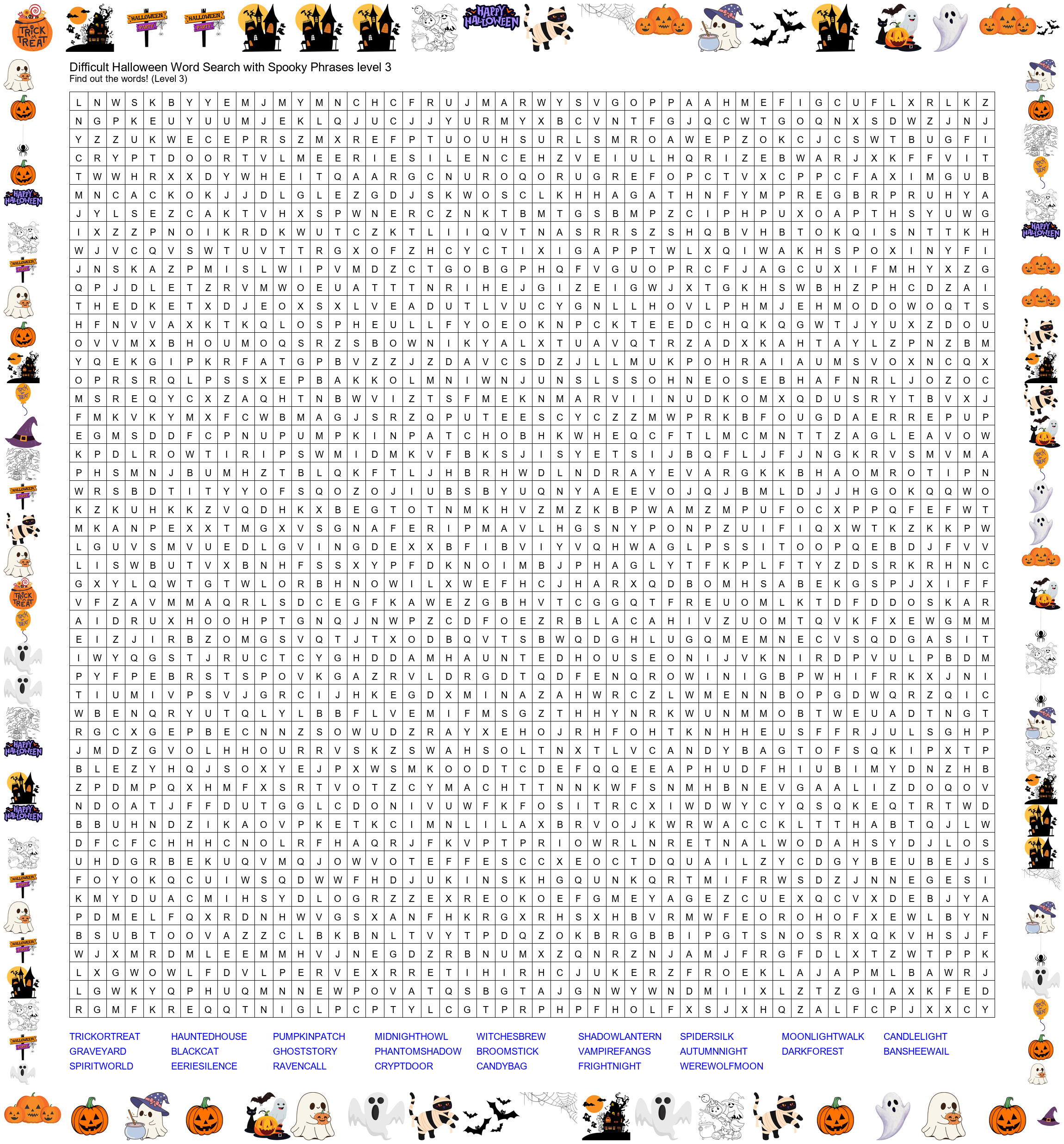 Difficult Halloween Word Search with Spooky Phrases - Level 3 Preview