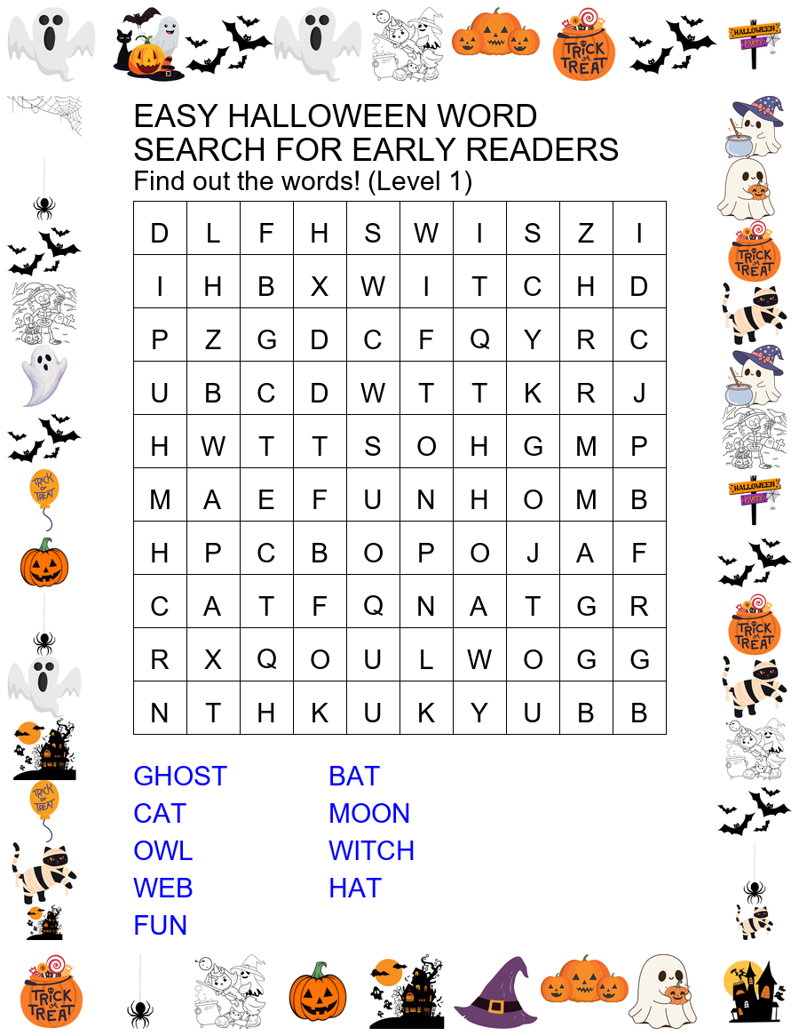 Easy Halloween Word Search for Early Readers Preview