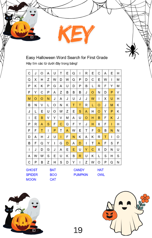 Answer Key - Easy Halloween Word Search First Grade