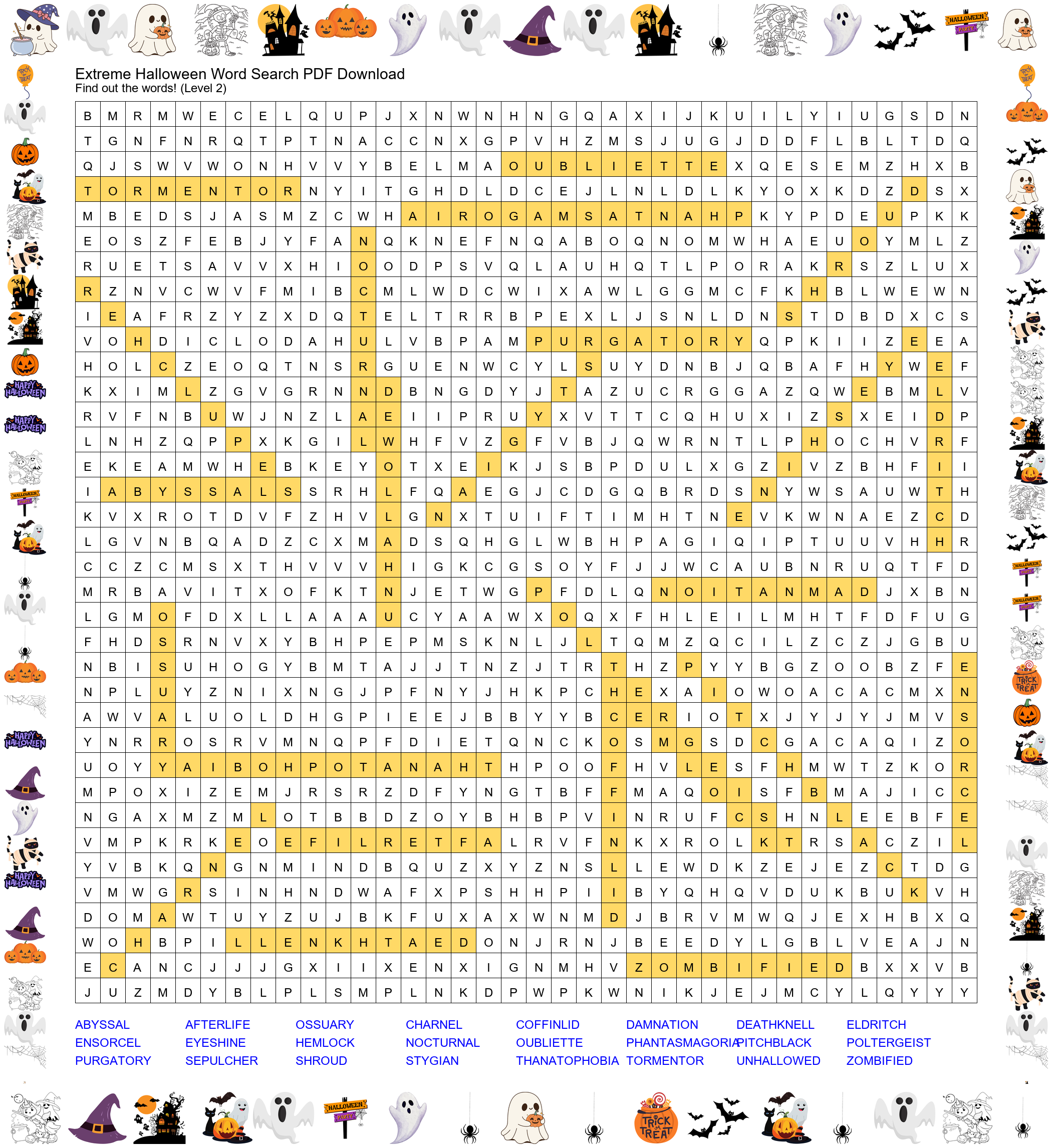 Extreme Halloween Word Search - answer key