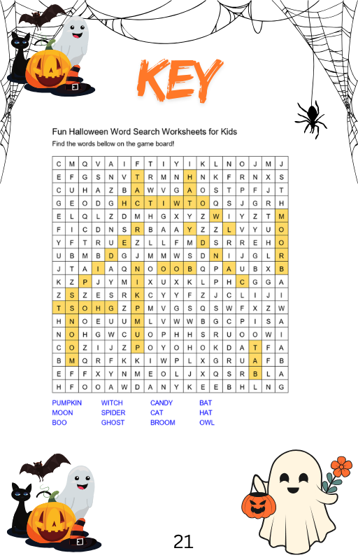 Answer Key for Fun Halloween Word Search Worksheets for Kids