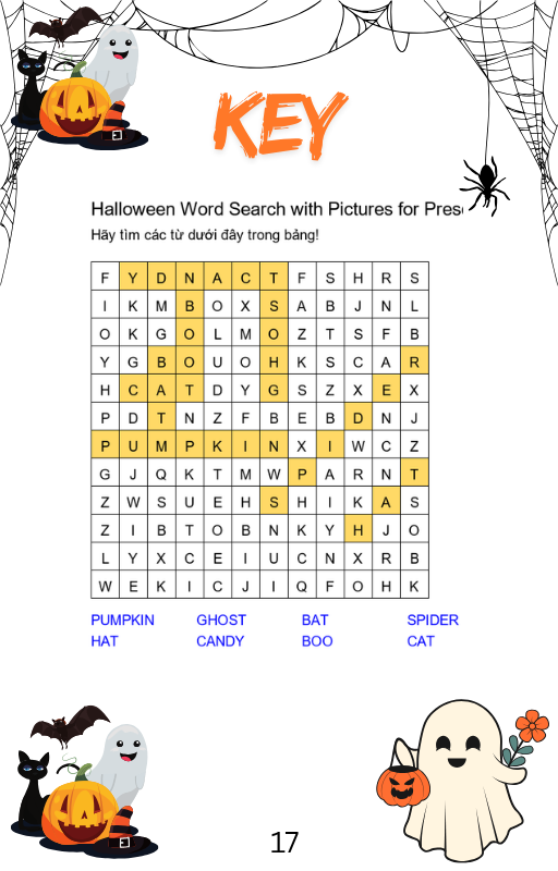 Answer Key for Halloween Word Search with Pictures for Preschoolers