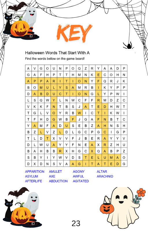 Halloween Words That Start With A - Answer Key
