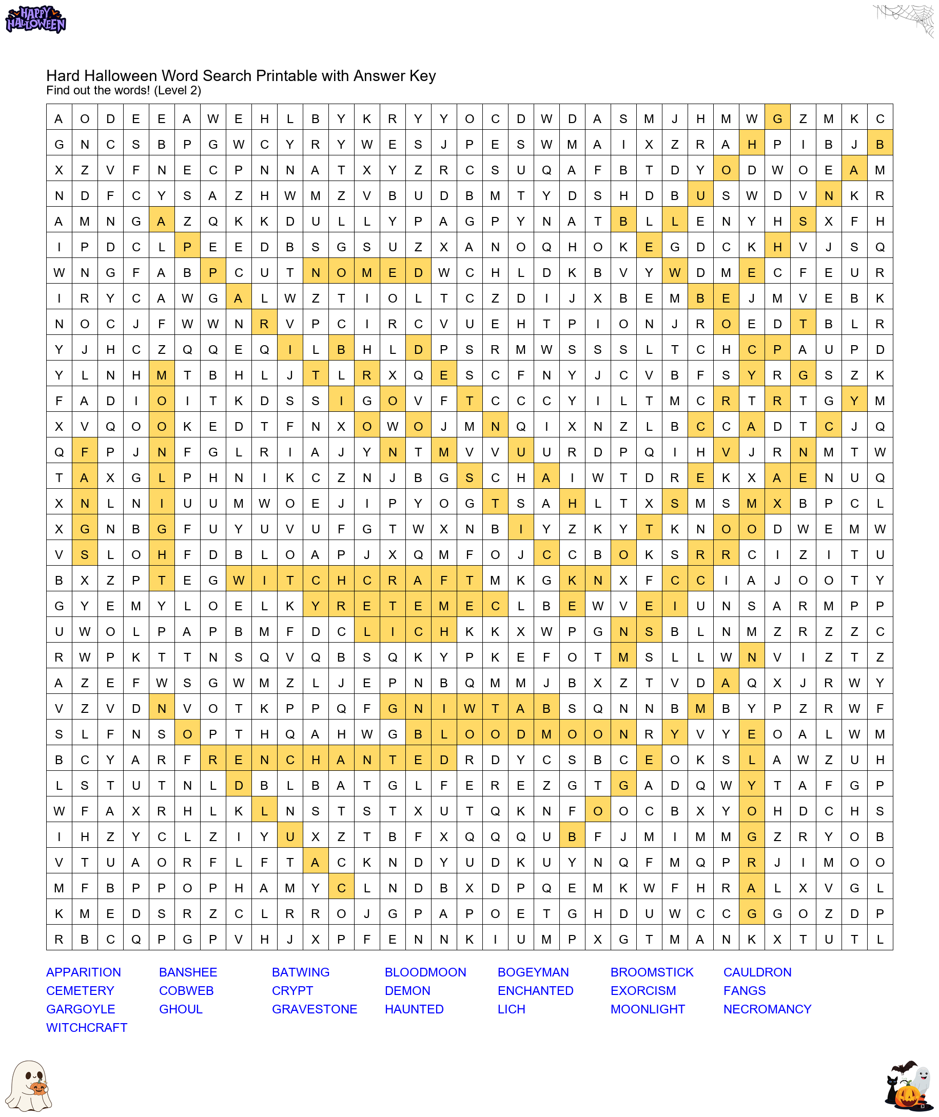 Hard Halloween Word Search Printable with Answer Key - solution