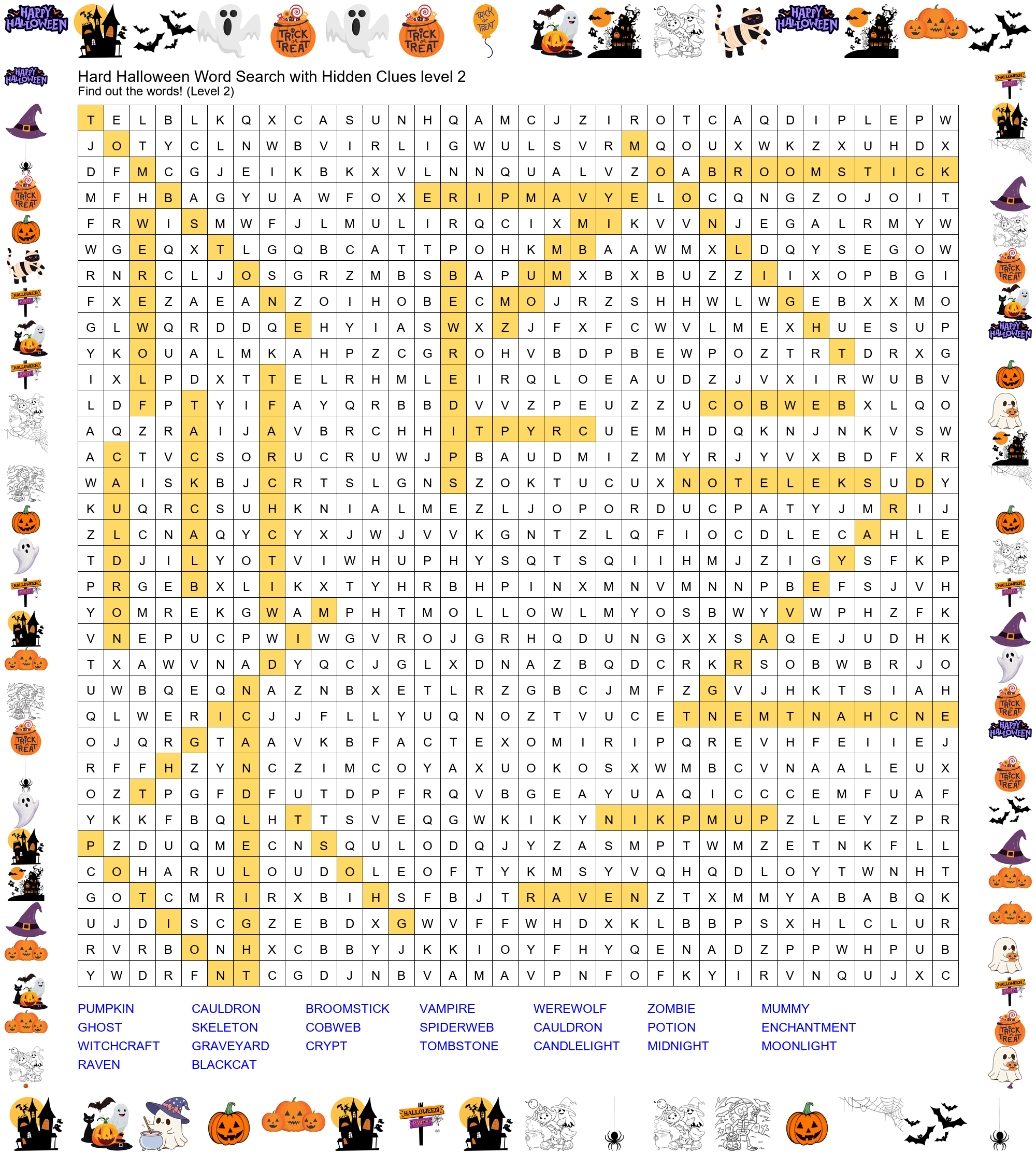 Answer Key - Hard Halloween Word Search with Hidden Clues Level 2