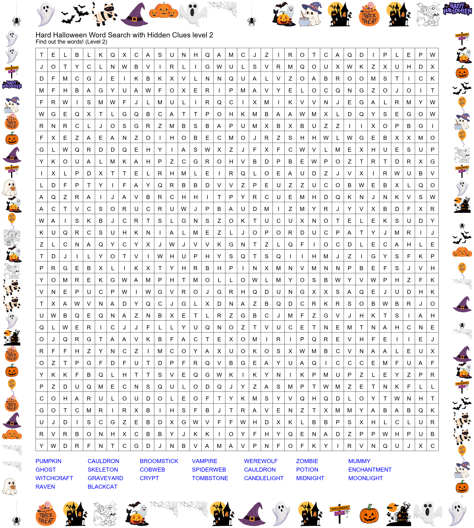 Hard Halloween Word Search with Hidden Clues - Level 2 Preview