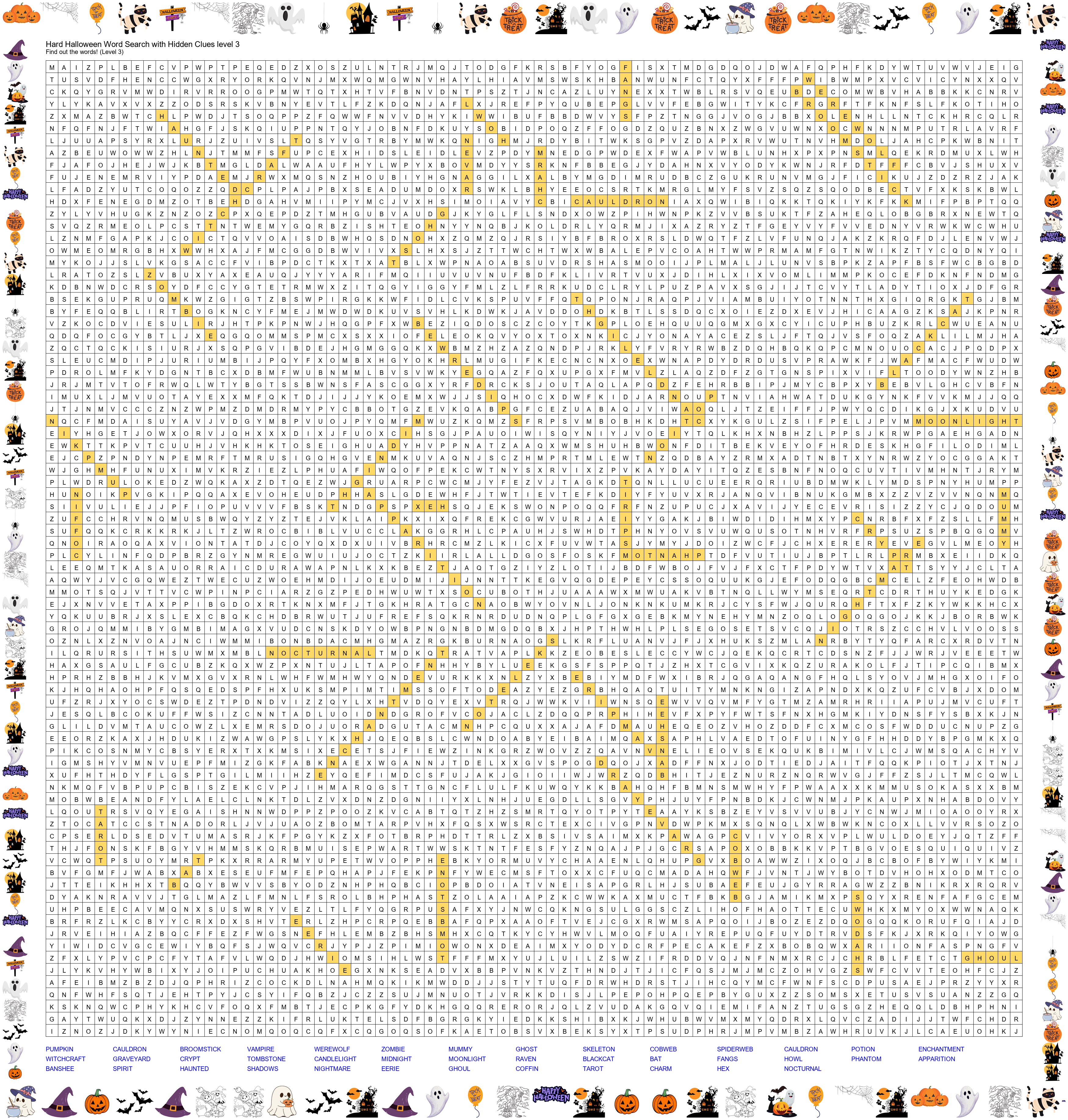 Answer Key - Hard Halloween Word Search with Hidden Clues Level 3