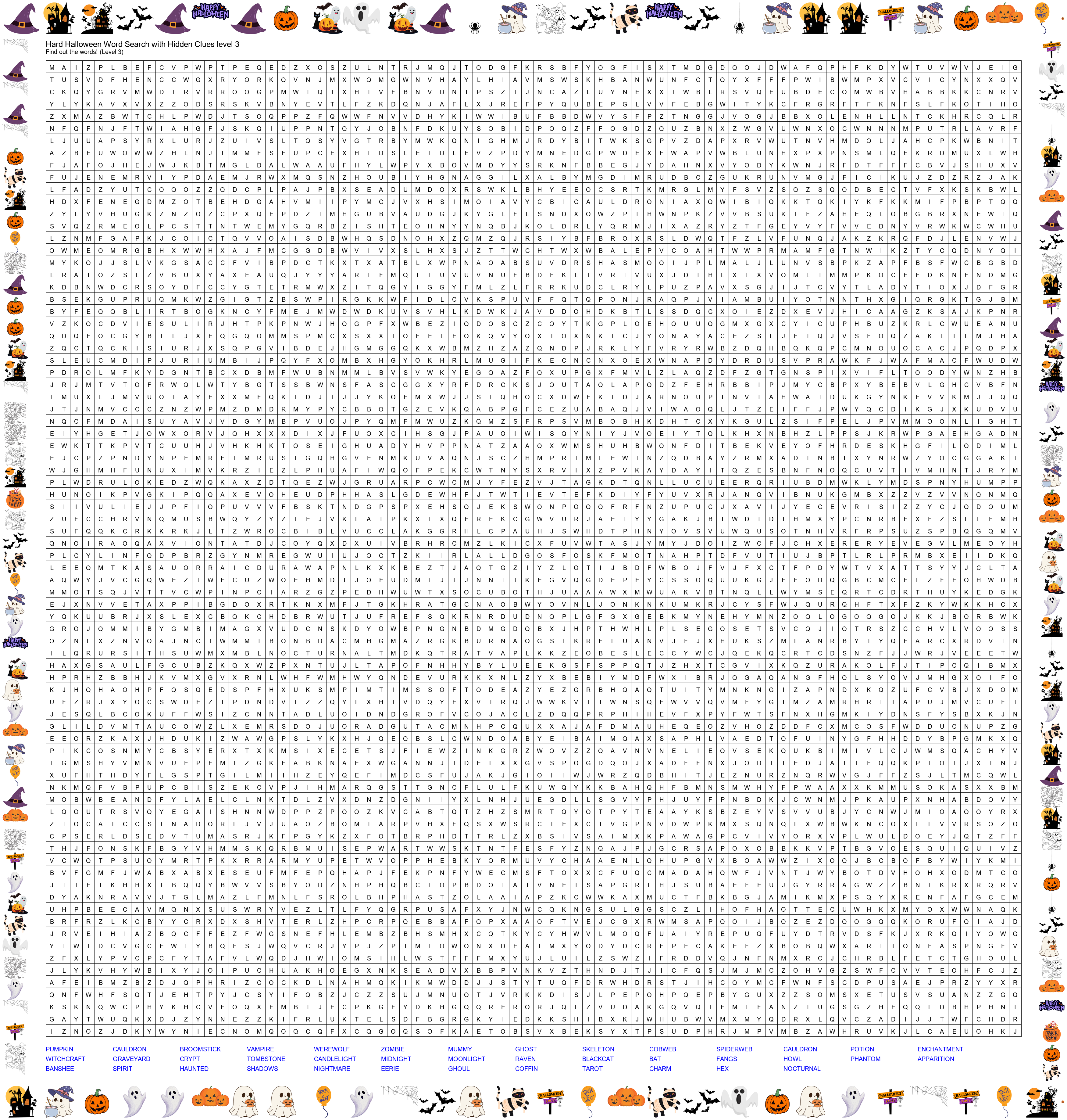 Hard Halloween Word Search with Hidden Clues - Level 3 Preview