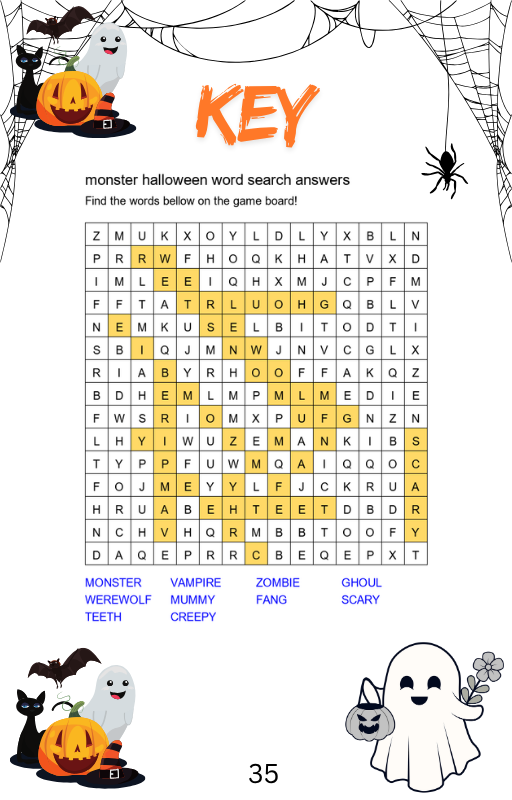Monster Halloween Word Search - Answer Key