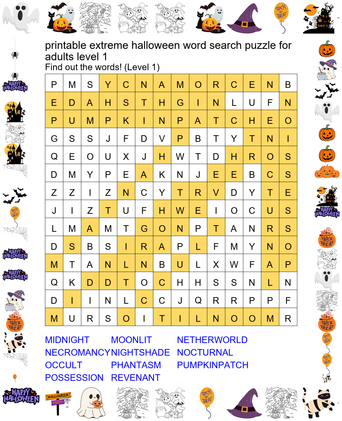 Answer Key - Printable Extreme Halloween Word Search Puzzle for Adults Level 1