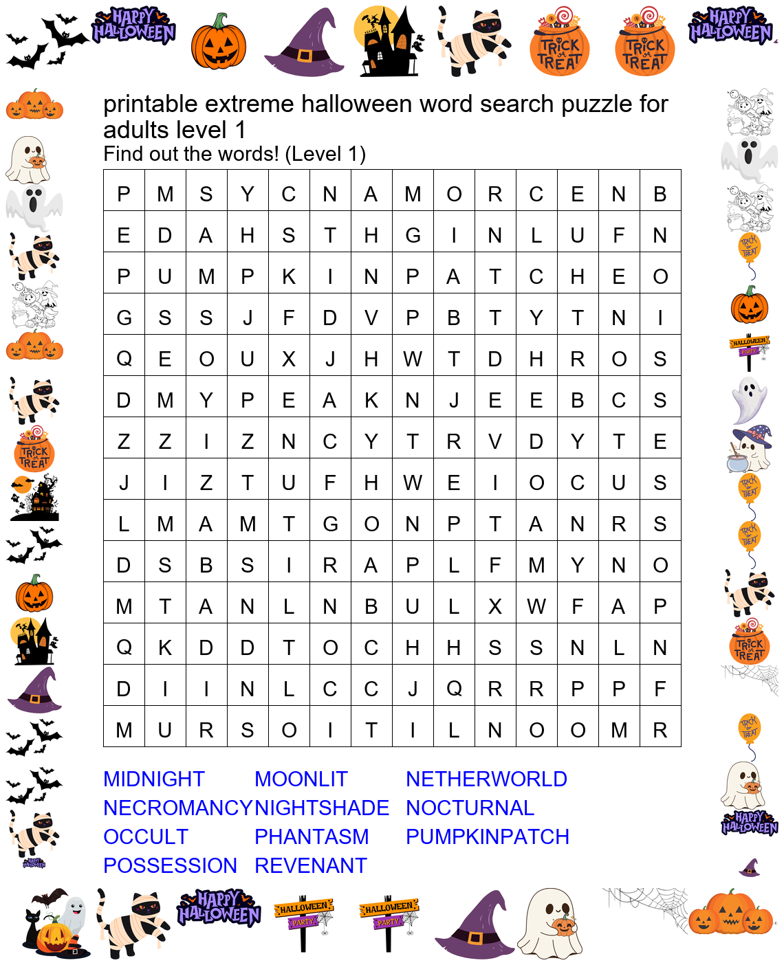 Printable Extreme Halloween Word Search Puzzle for Adults - Level 1 Preview