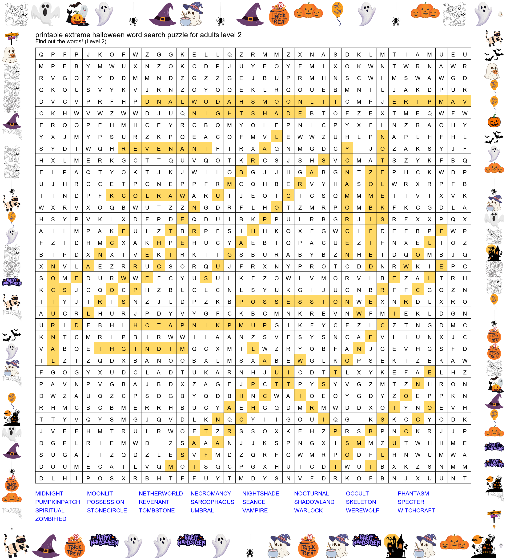 Answer Key - Printable Extreme Halloween Word Search Puzzle for Adults Level 2