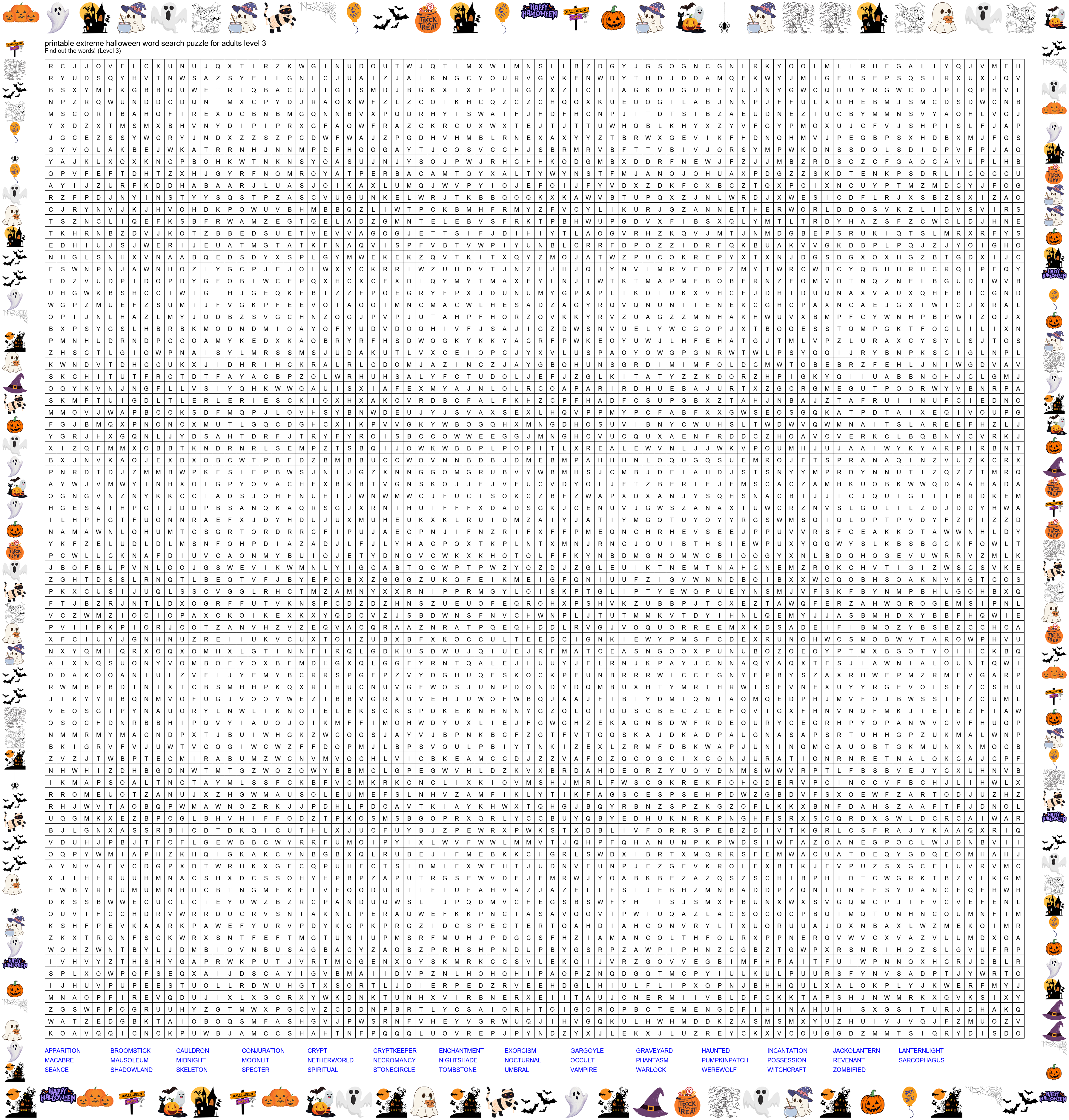 Printable Extreme Halloween Word Search Puzzle for Adults - Level 3 Preview