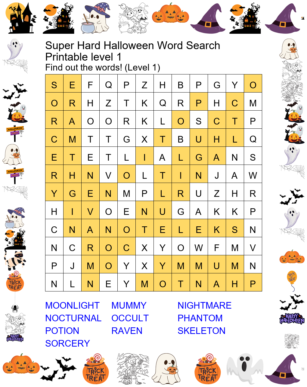 Answer Key - Super Hard Halloween Word Search Printable Level 1