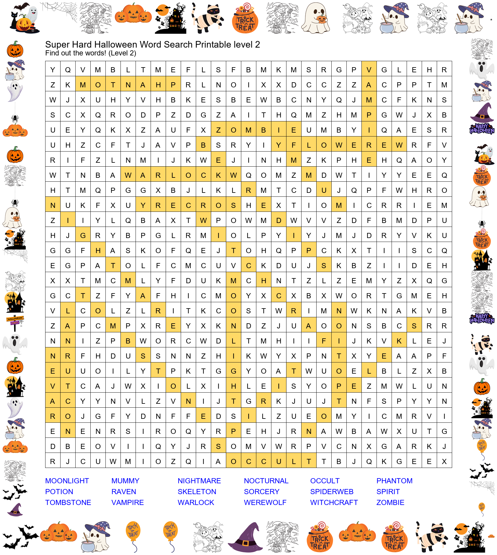 Answer Key - Super Hard Halloween Word Search Printable Level 2