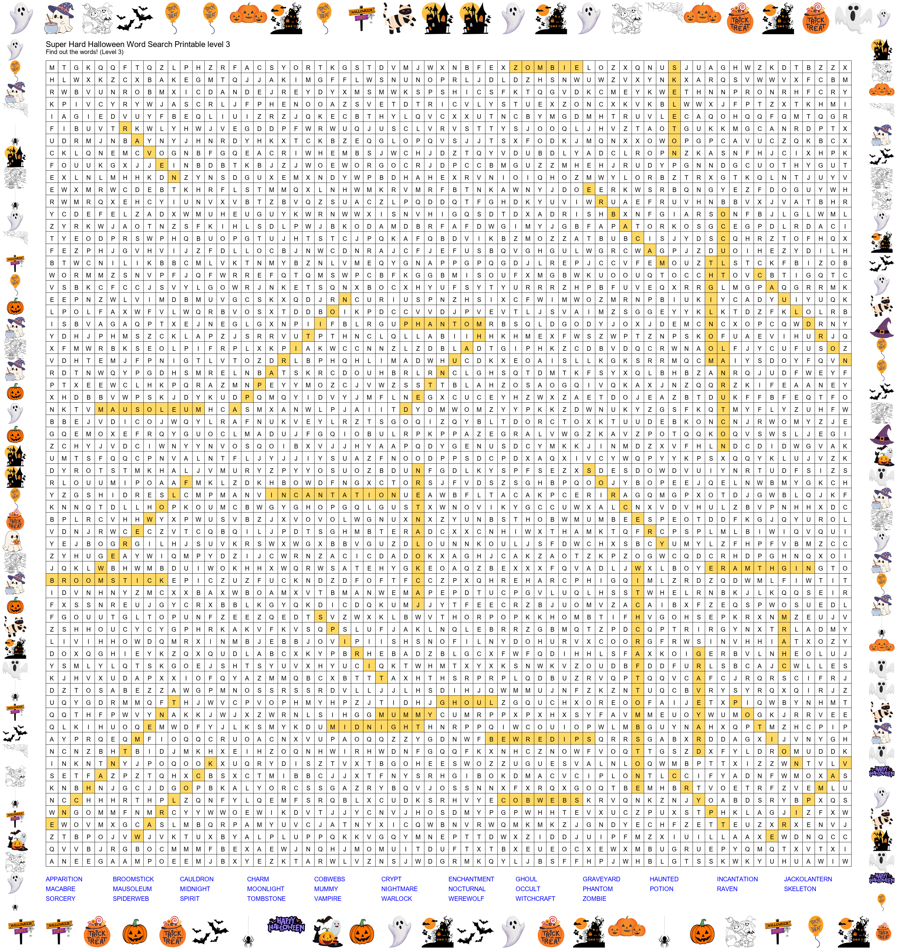 Answer Key - Super Hard Halloween Word Search Printable Level 3
