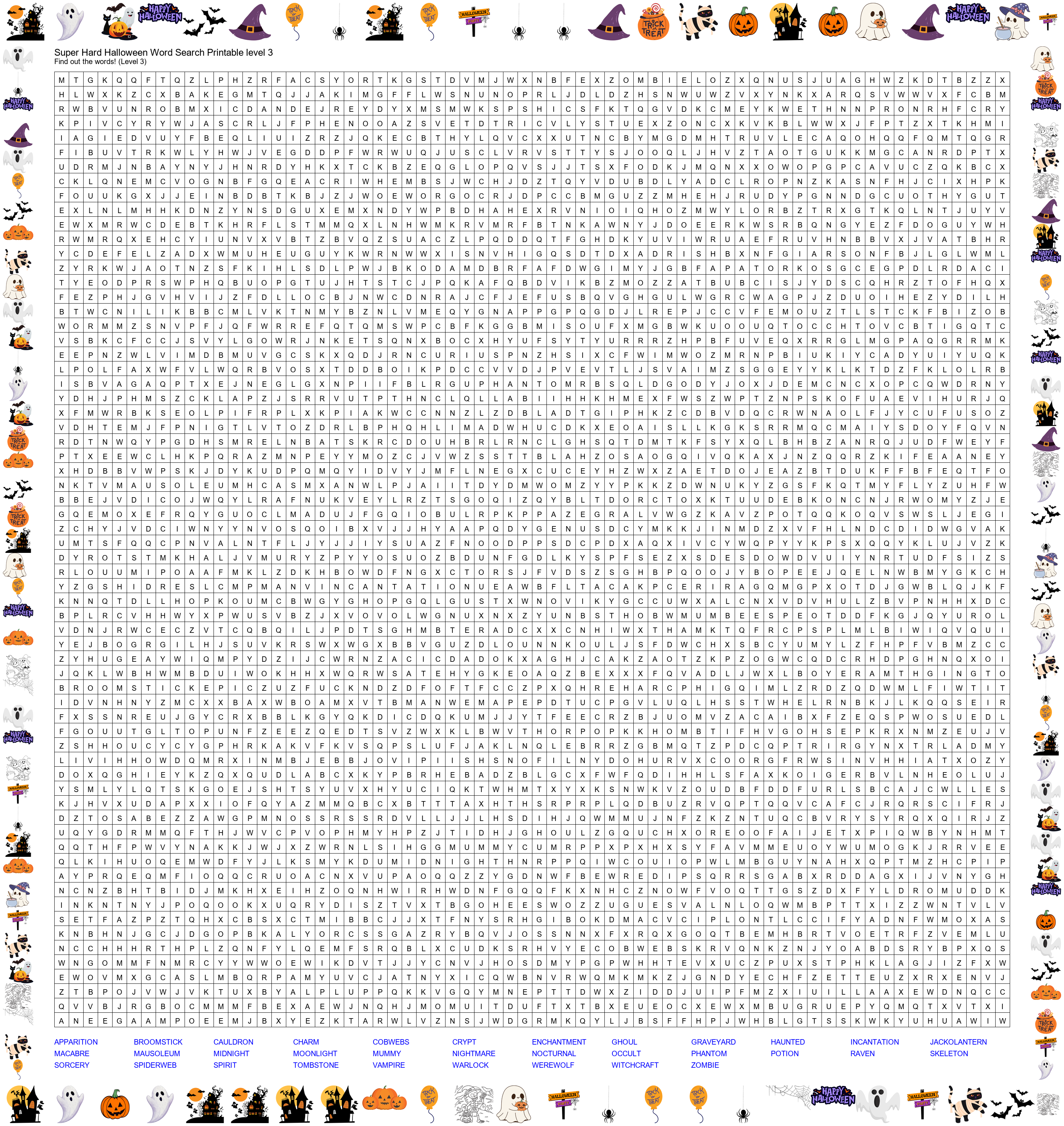 Super Hard Halloween Word Search Printable - Level 3 Preview
