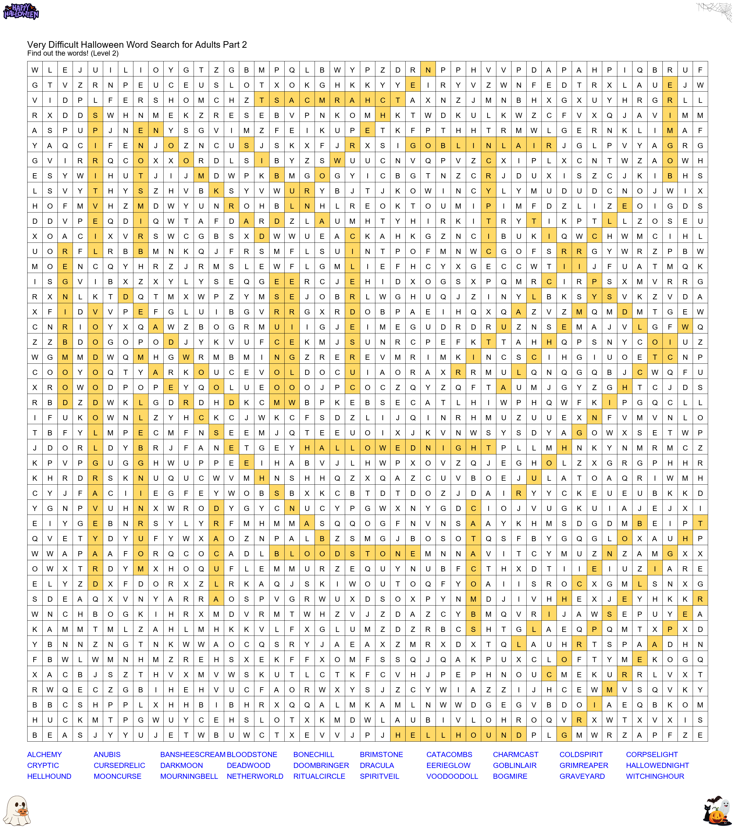 Very Difficult Halloween Word Search for Adults Part 2 - answer key