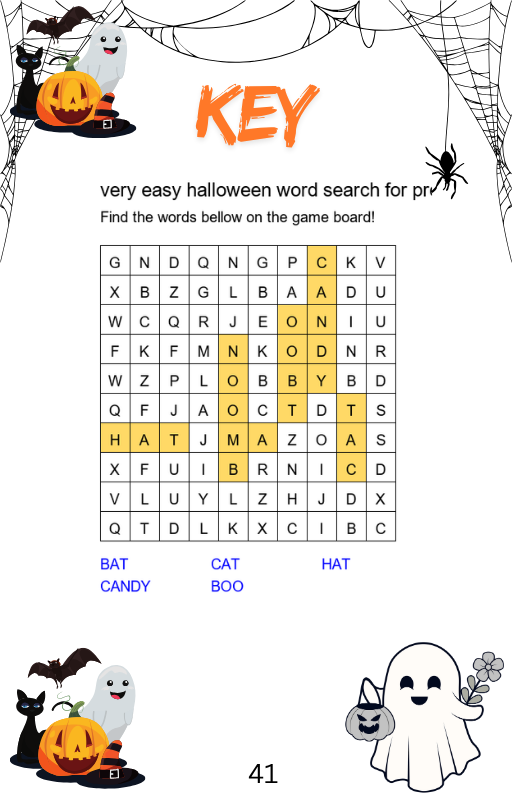 Very Easy Halloween Word Search for Preschool Answer Key